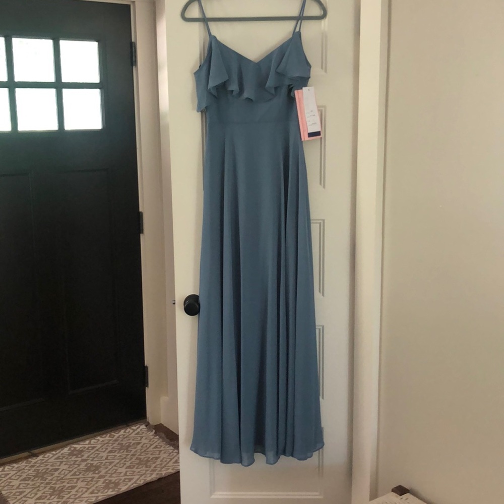 Levkoff ruffle shoulder chiffon gown in slate